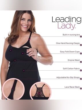 Leading Lady Black Lace Racer Back Comfort Cami Maternity Nursing Tank NWT